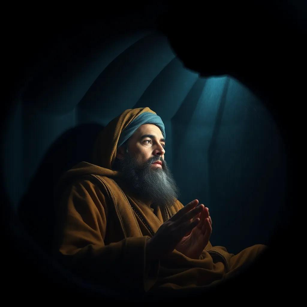 A great prophet, Yunus, in the darkness inside a whale, looking determined and praying, with a tiny glimmer of light illuminating him softly, digital art, deep shadows, high quality, vibrant colors