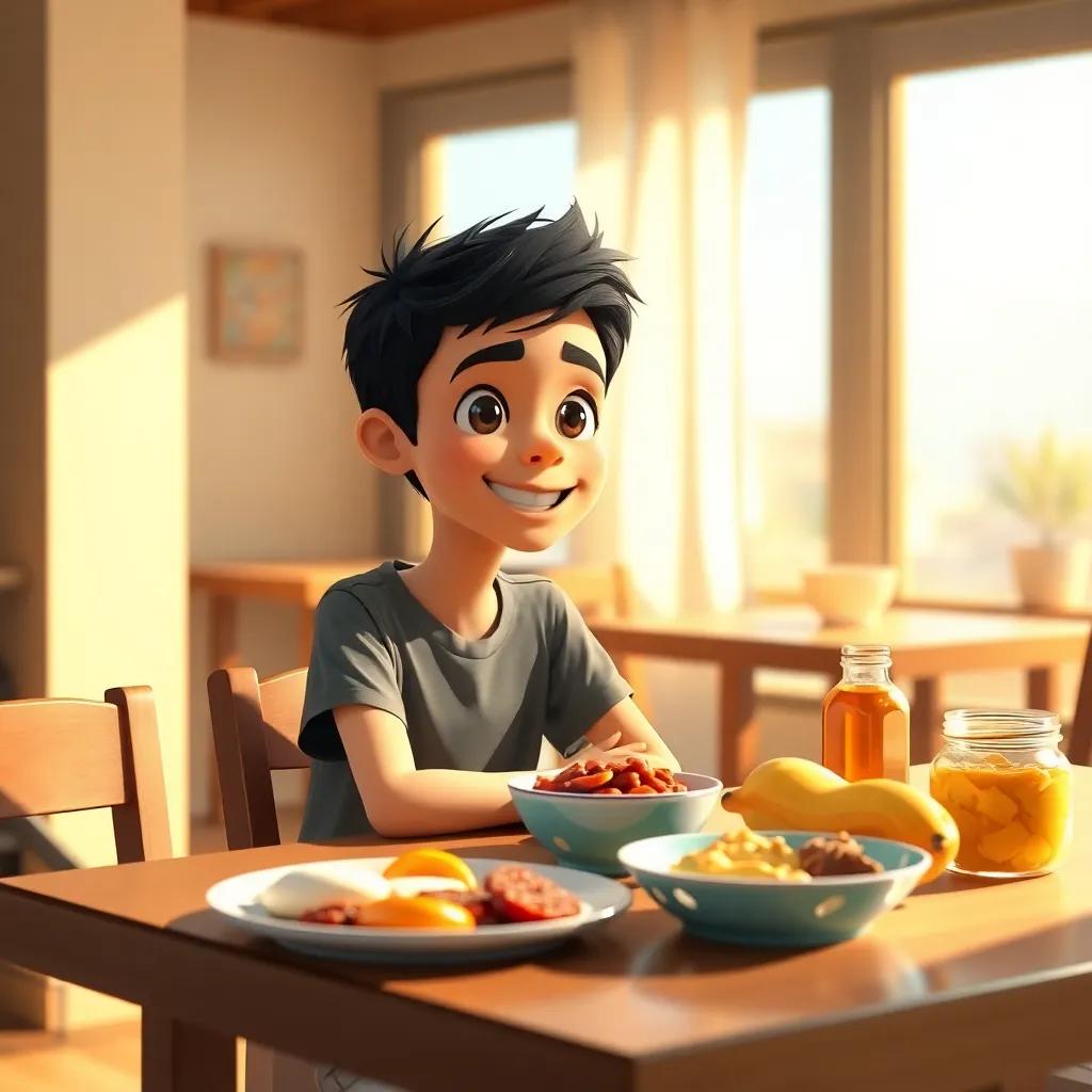 A young Arab boy, Youssef, with short black hair, wearing a simple t-shirt and shorts, sitting at a table with delicious breakfast, bright morning light, warm colors, cheerful atmosphere, delightful scene, high quality