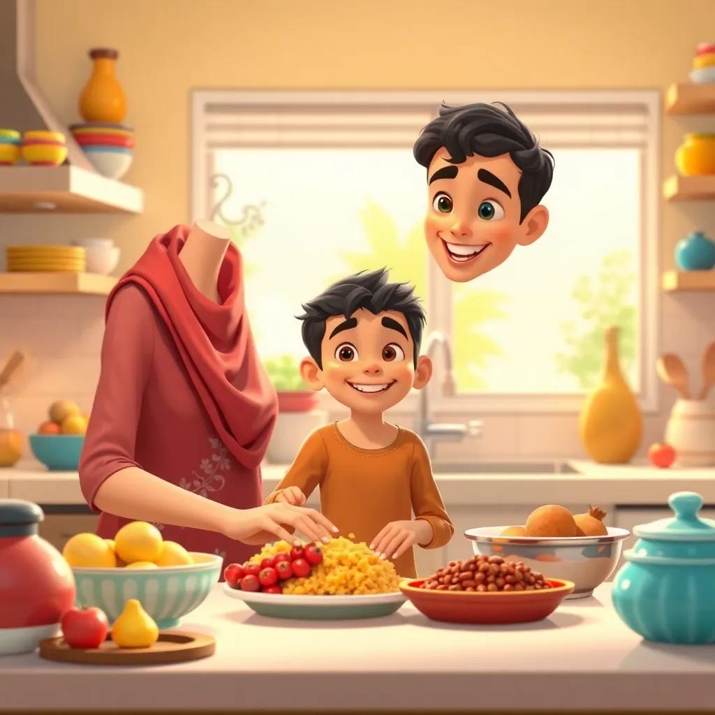Youssef, a young Arab boy, helping his mother in the kitchen, smiling and arranging dishes, lovely bright kitchen with colorful objects, warm light, family-oriented, joyful vibe, detailed scene, high quality