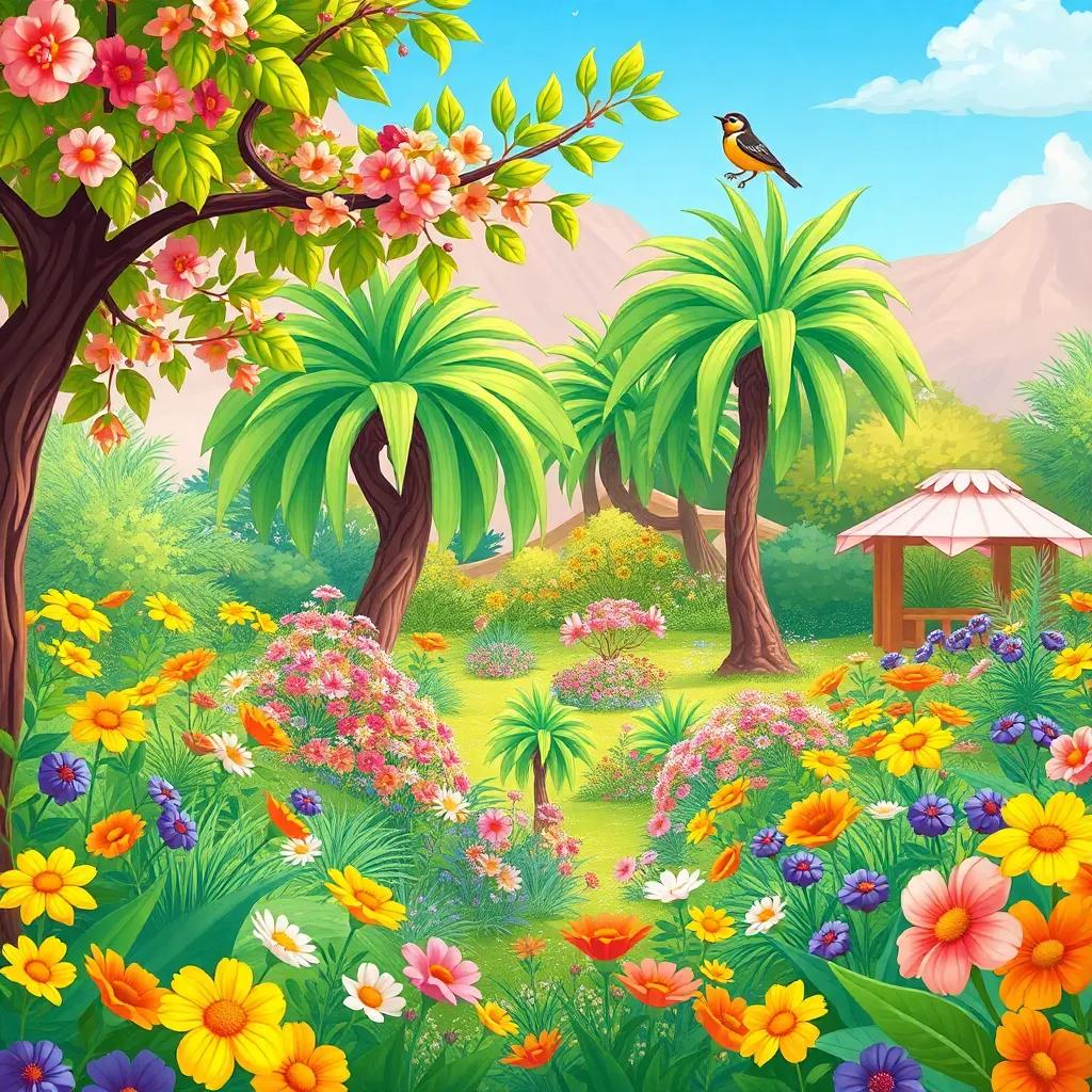 A beautiful garden in Oman, filled with colorful flowers and trees, showcasing a small bird trying to fly from a high branch, bright colors, digital art, cheerful and inviting atmosphere, high quality