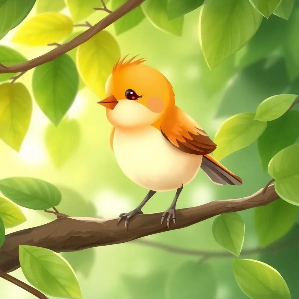 A small bird standing nervously on a branch, with its wings flapping and a worried expression on its face, surrounded by lush green leaves, illustration, child-friendly, soft colors, heartwarming