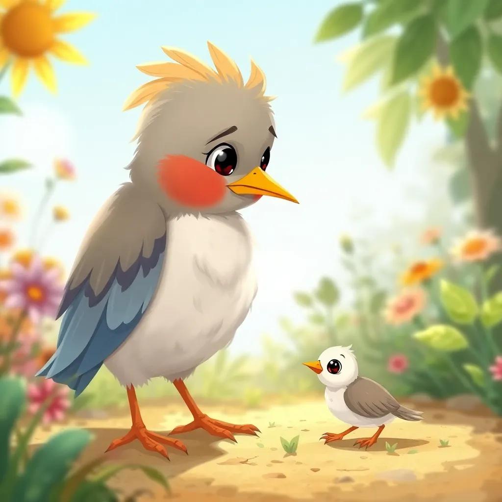 A caring mother bird with soft feathers looking concerned as she approaches her little bird on the ground, a sunny day in the garden, vibrant colors, warm light, storytelling view
