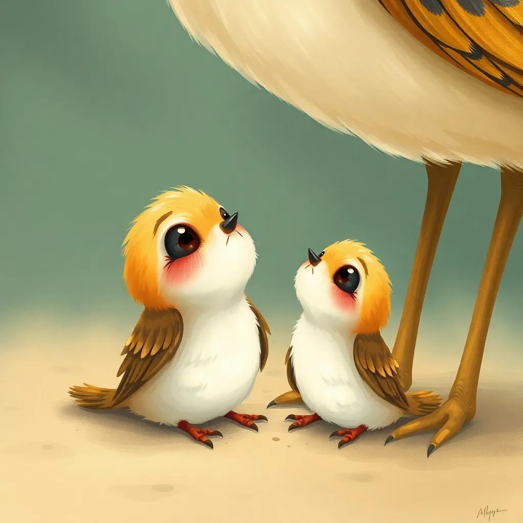 The little bird sitting on the ground feeling ashamed, looking up at its mother with big eyes, tender connection, detailed, emotive illustration, gentle colors