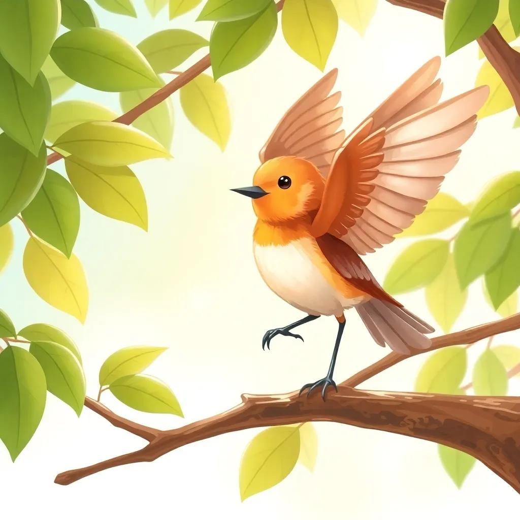 The little bird practicing on a low branch, flapping its wings with determination, sun shining through the leaves, bright atmosphere, positive vibes, high quality
