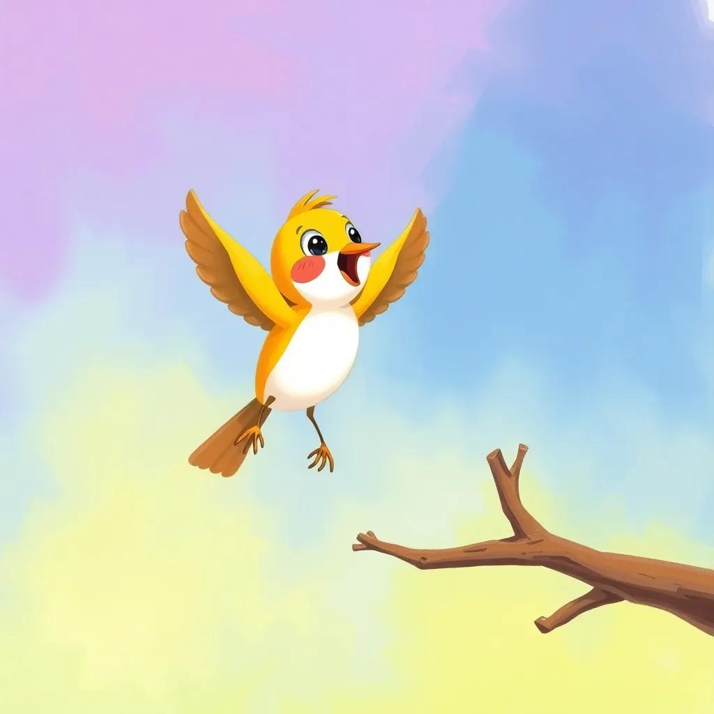 The small bird gaining confidence, flying from one branch to another, showing determination and excitement, colorful background, bright and cheerful