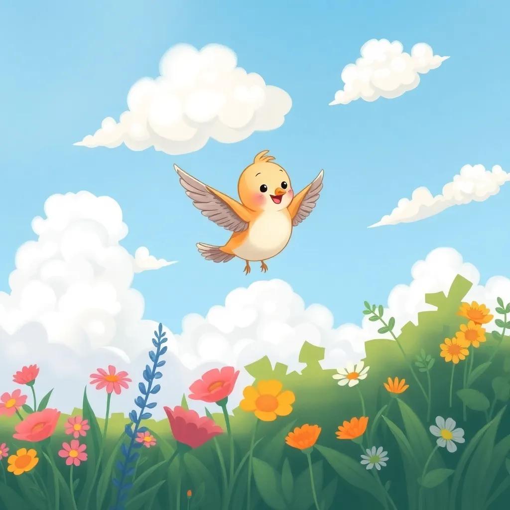 The little bird flying in the sky above the garden, feeling the wind beneath its wings, smiling, surrounded by fluffy clouds and blue sky, joyful scene, high quality