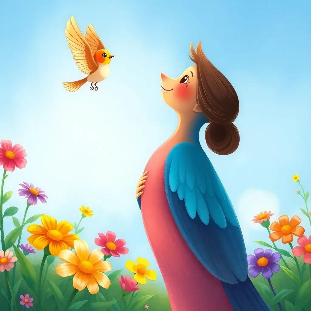 The bird's mother watching proudly as her little bird flies high, happiness on her face, vibrant flowers in the garden, beautiful day, illustration, rich colors