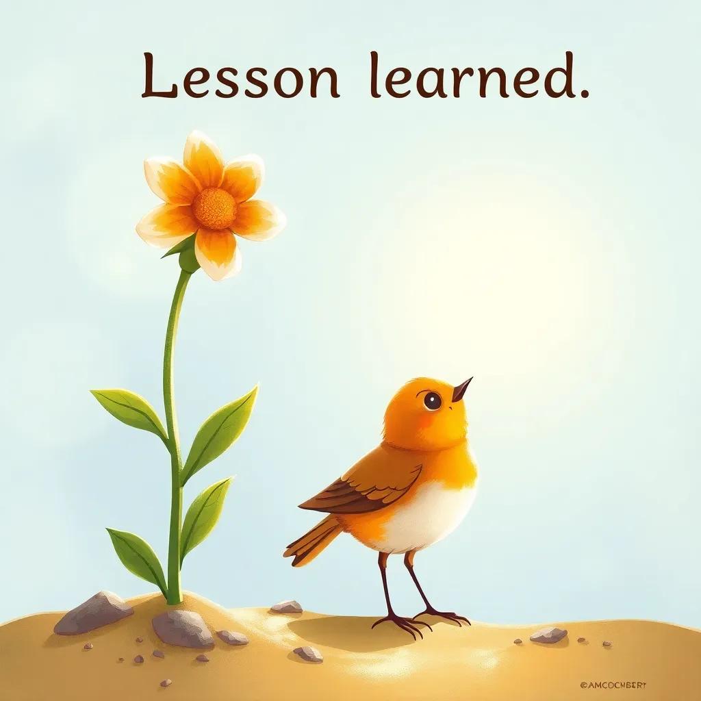 An illustration showing the lesson learned, with the little bird looking patiently at a flower, representing growth and patience, warm light, inviting scene, high quality