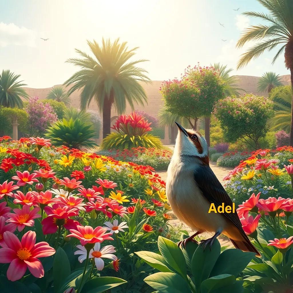 A beautiful garden in Oman, with colorful flowers and trees, a small bird named Adel looking up at the sky with eager eyes, digital art, vibrant colors, lively atmosphere, warm sunlight, high quality