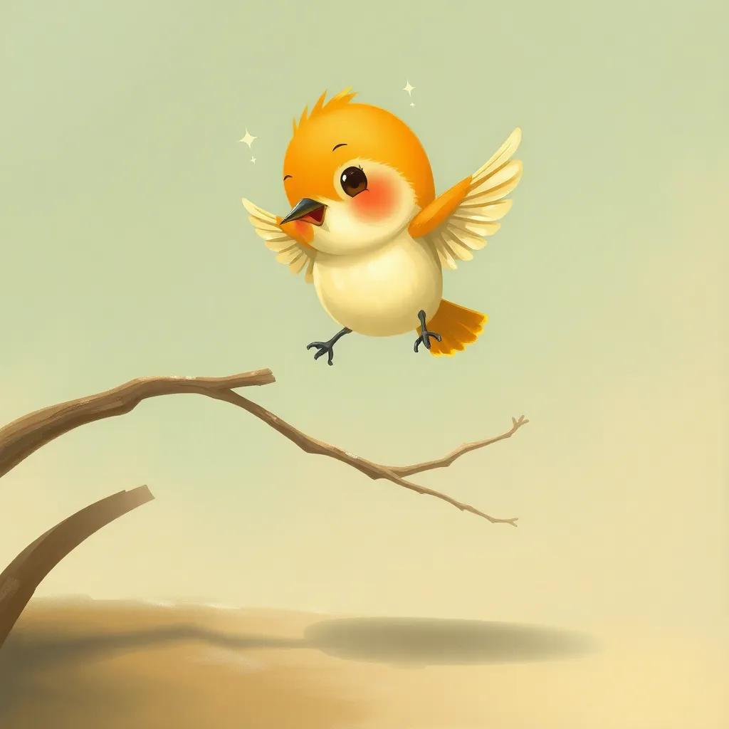 A small bird named Adel, trying to flutter his tiny wings, jumping off a low branch, soft ground below, bright colors, cheerful vibe, illustration, child-friendly