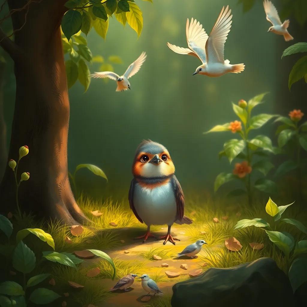 Adel, the small bird, looking embarrassed on the ground, surrounded by lush greenery, feeling shy as his friends fly high, digital painting, warm lighting, inviting scene