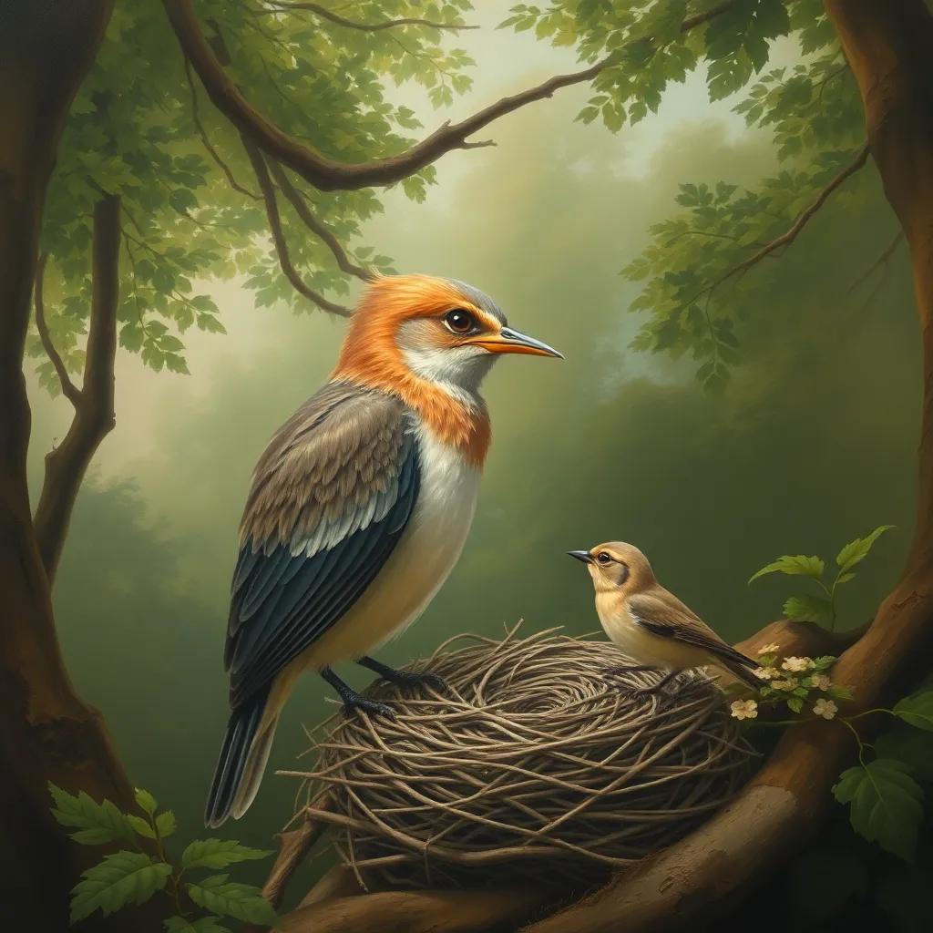 A mother bird coming back to the nest, looking concerned for her little bird, with a wise expression, lush trees backdrop, soft colors, serene mood