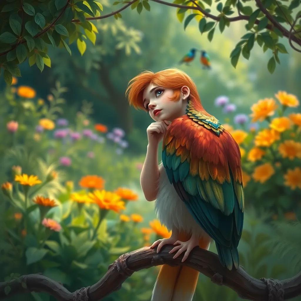 Adel, contemplating while sitting on a branch, with a thoughtful expression, vibrant garden in the background, showcasing the beauty of patience, digital art, calming colors, storytelling sense