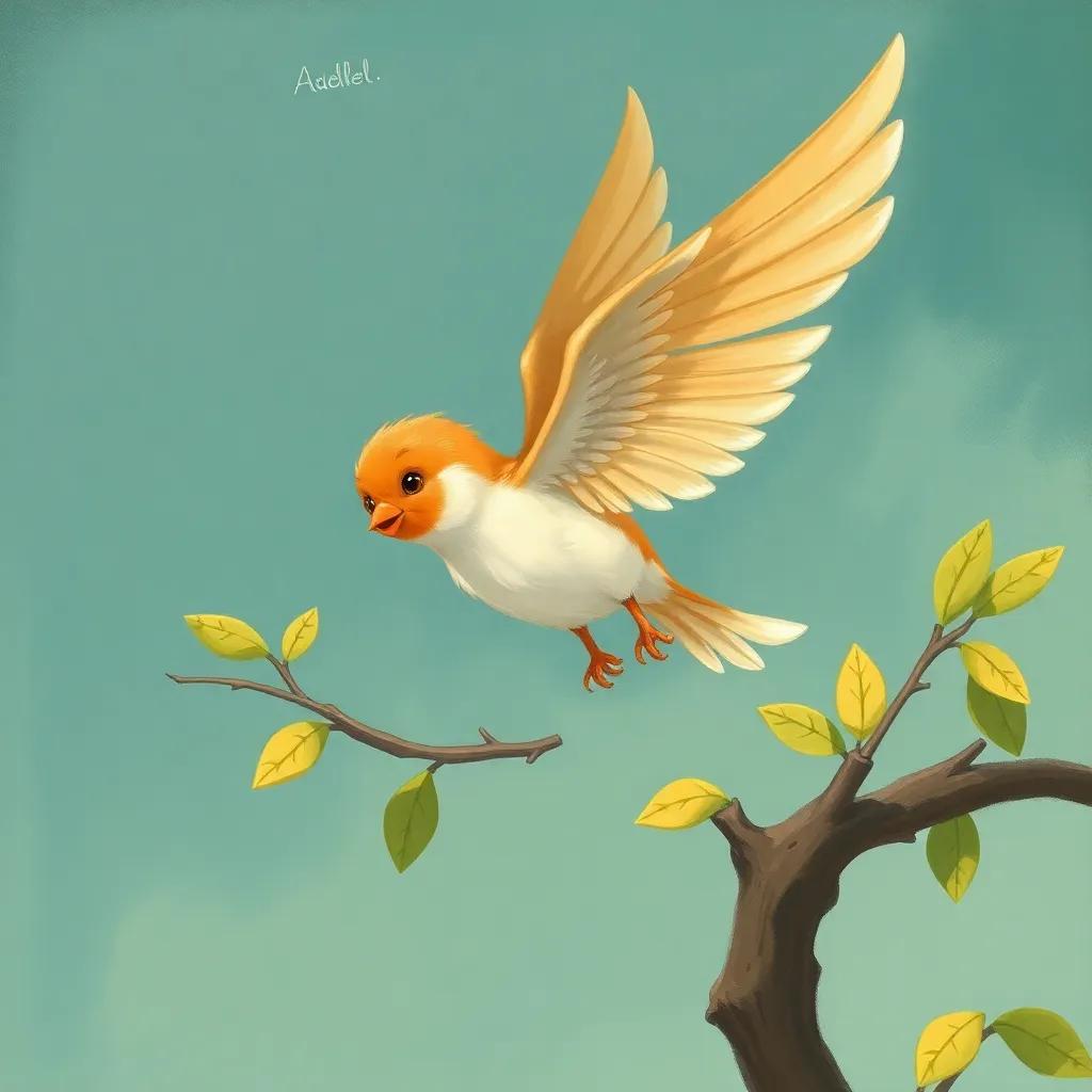 Adel practicing flying, flapping his wings with determination, zooming from one small branch to another, feeling hopeful, joyful atmosphere, bright colors, charming illustration