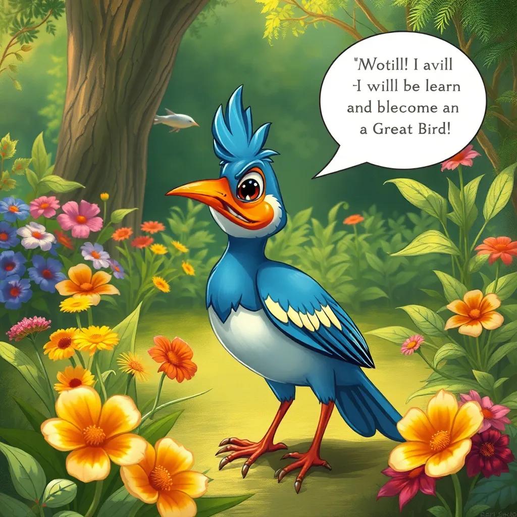 Adel looking determined, saying to himself: “I will learn and become a great bird!” full of energy and enthusiasm, lively garden scene, beautiful color palette, cartoon style