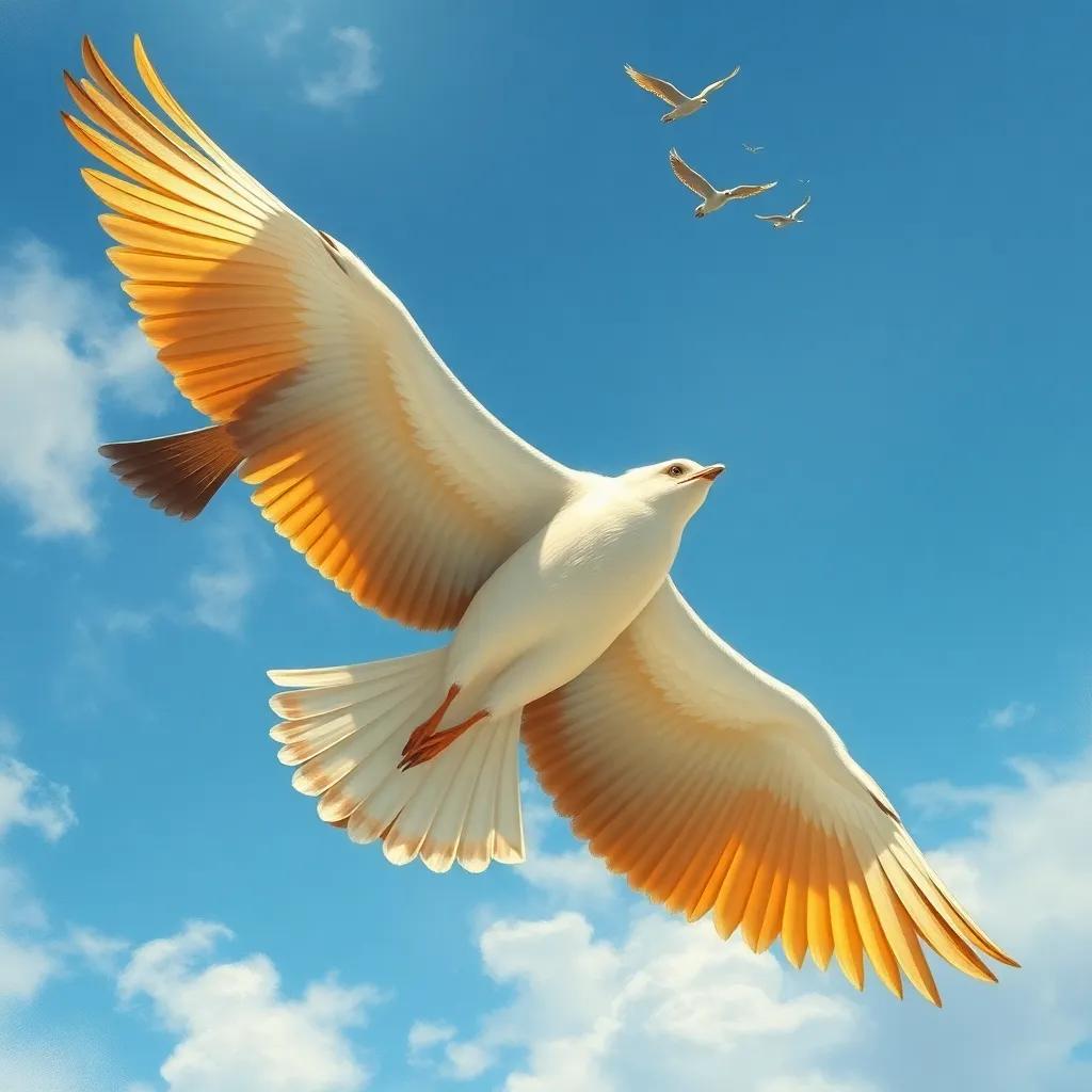 After days of training, Adel soaring joyfully in the sky, feeling free and happy, the other birds cheering for him, bright blue sky, bright colors, cheerful mood