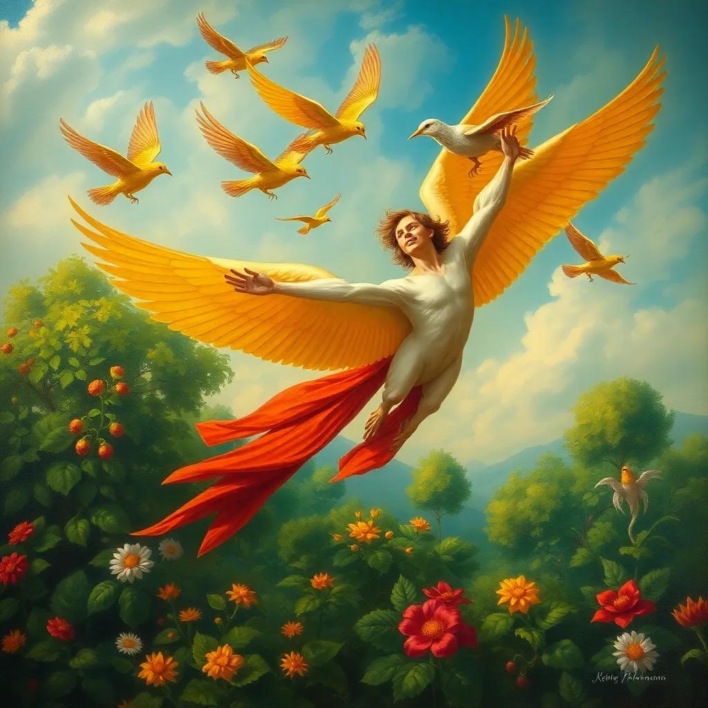 Adel flying high with a group of birds, celebrating his success, lush green garden below, enchanting colors, festive atmosphere, vivid illustration
