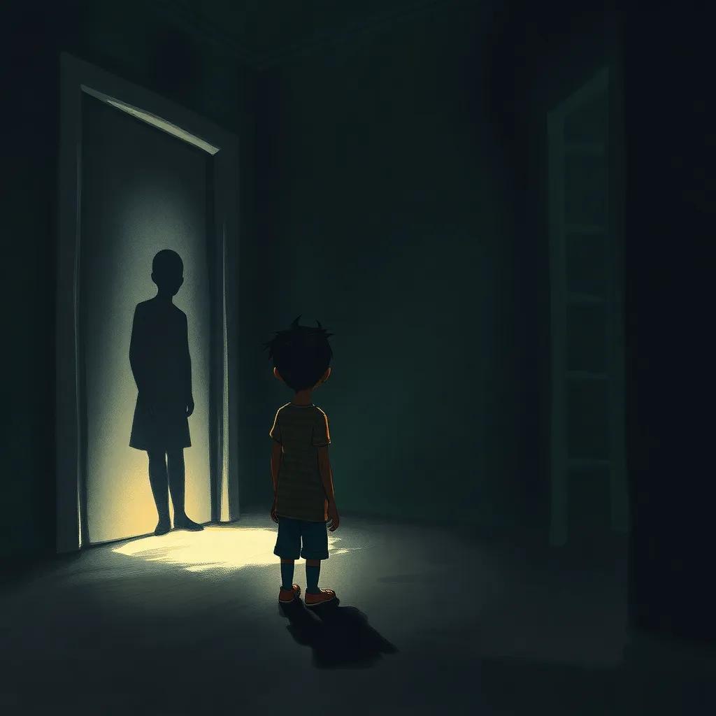 A dark room with a little boy and his friend standing fearfully, looking at a shadowy figure in the corner, illuminated by faint light, digital art, eerie yet playful atmosphere, children's illustration, high contrast, whimsical.