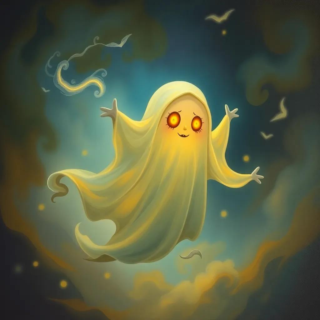 A spooky ghost hovering in the air, resembling a silhouette of a mother, with glowing eyes and a soft, haunting expression, surrounded by wisps of fog; colorful, playful style, child-friendly, warm light, enchanting scene.
