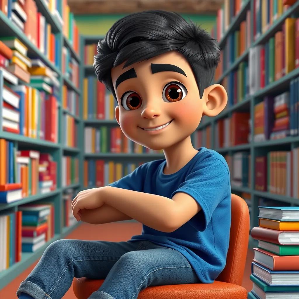 A young Arab boy, Sami, with short dark hair, wearing a blue t-shirt and jeans, sitting in a colorful library, surrounded by many books, digital art, bright colors, cheerful atmosphere, high quality