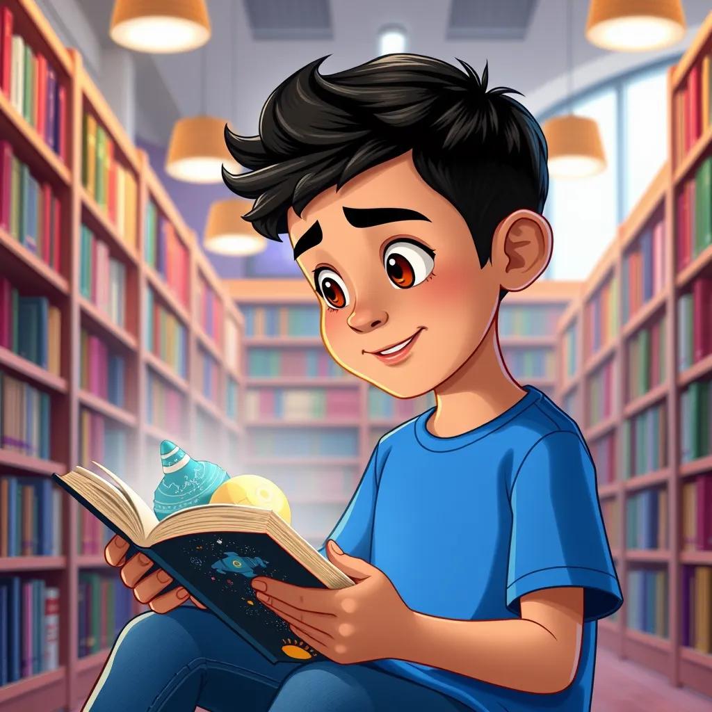 Sami, a young Arab boy, with short dark hair, wearing a blue t-shirt and jeans, reading a book about space in a bright library, illustration, vibrant colors, excitement, child-friendly