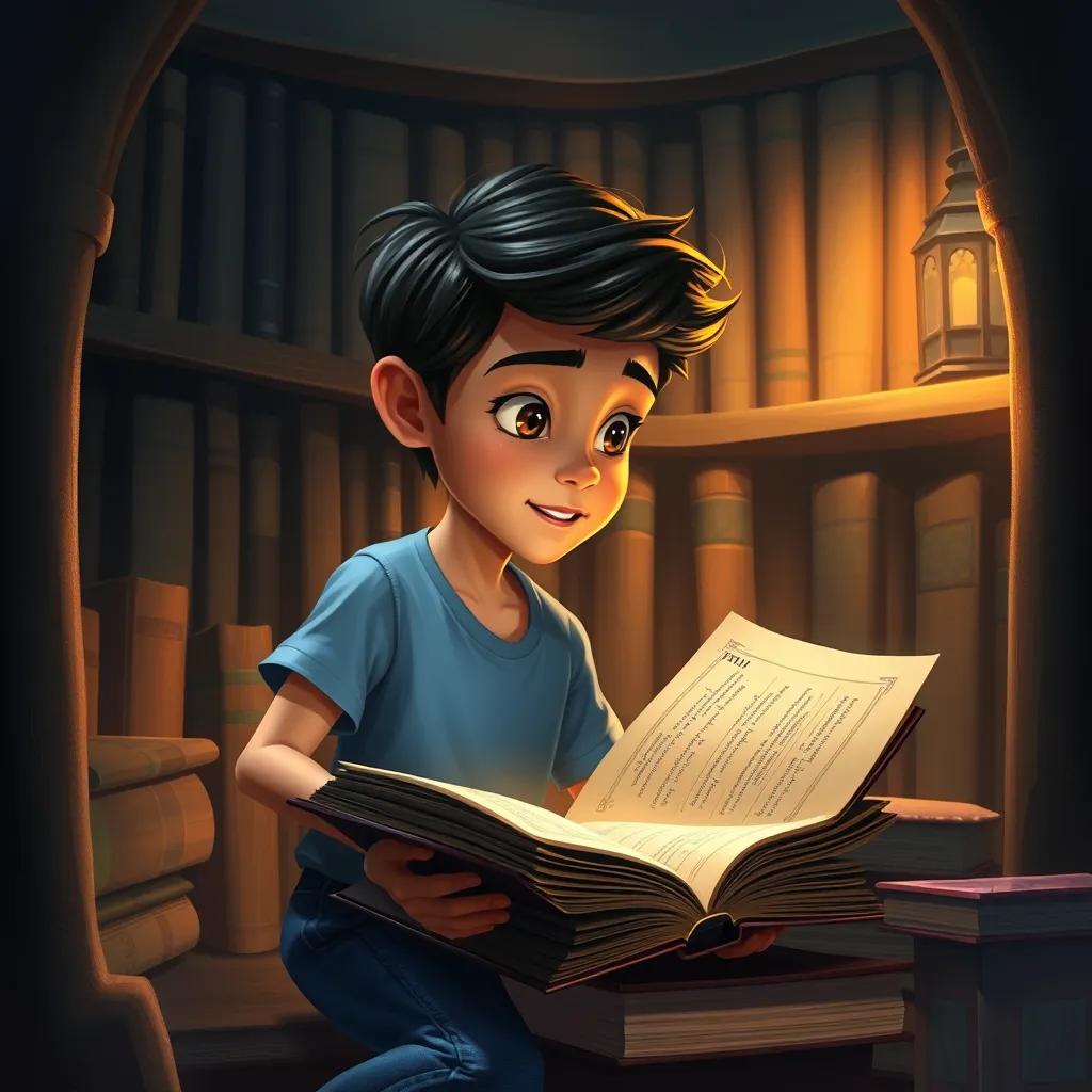 Sami, a young Arab boy, with short dark hair, wearing a blue t-shirt and jeans, discovering an old book with legends, in a cozy library corner with soft lighting, digital painting, inviting, fantasy feel, high quality
