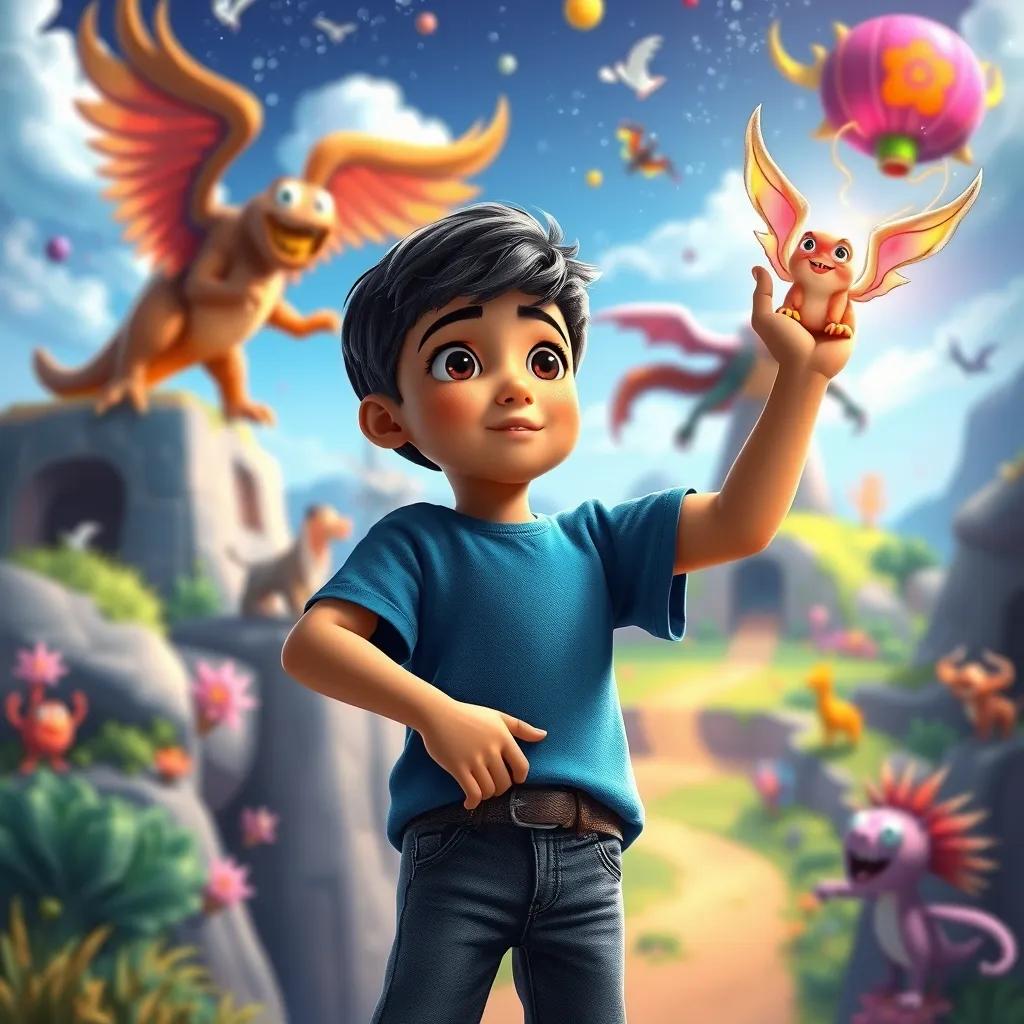 Sami, a young Arab boy, with short dark hair, wearing a blue t-shirt and jeans, imagining himself as a hero in a magical world with bright colors and vivid creatures, imaginative storytelling scene, digital art, heartwarming, high quality