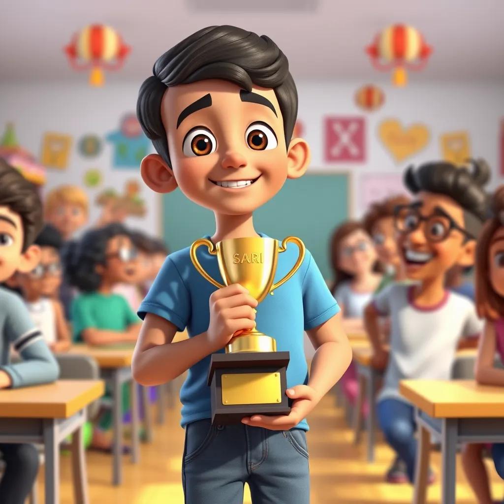 Sami, a young Arab boy, with short dark hair, wearing a blue t-shirt and jeans, proudly holding a trophy for his story in a cheerful classroom filled with friends, bright and colorful, celebration scene, digital art, joyful atmosphere, high quality