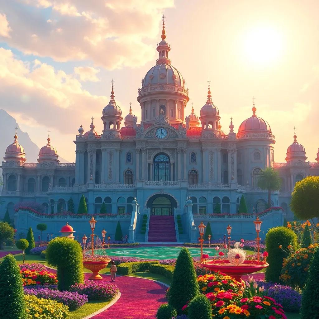 A magnificent palace shining under the sun, with intricate architecture and colorful gardens, digital art, bright colors, cheerful atmosphere, high quality