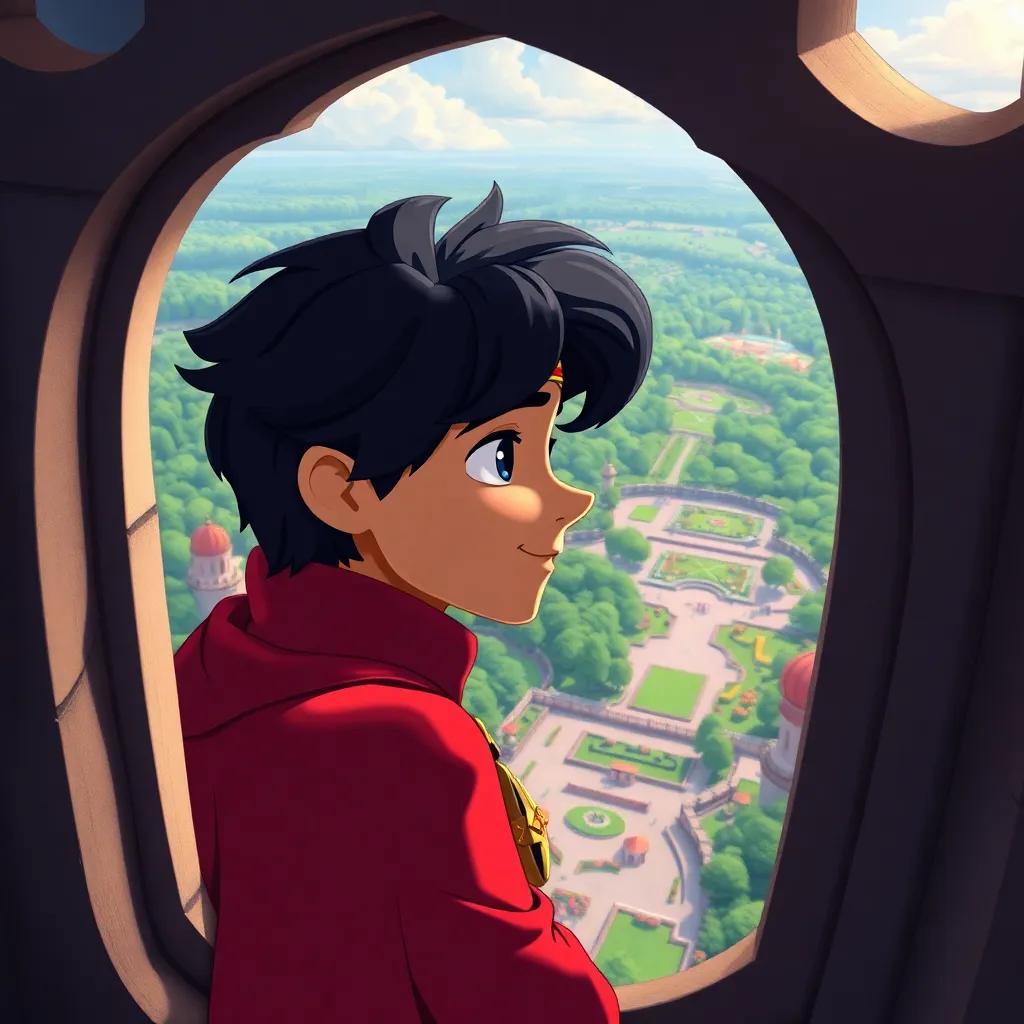 A brave young prince, Ali, with dark hair and a royal blue outfit, peering through a grand tower window, beautiful gardens below, illustration, vibrant, storytelling view, high quality