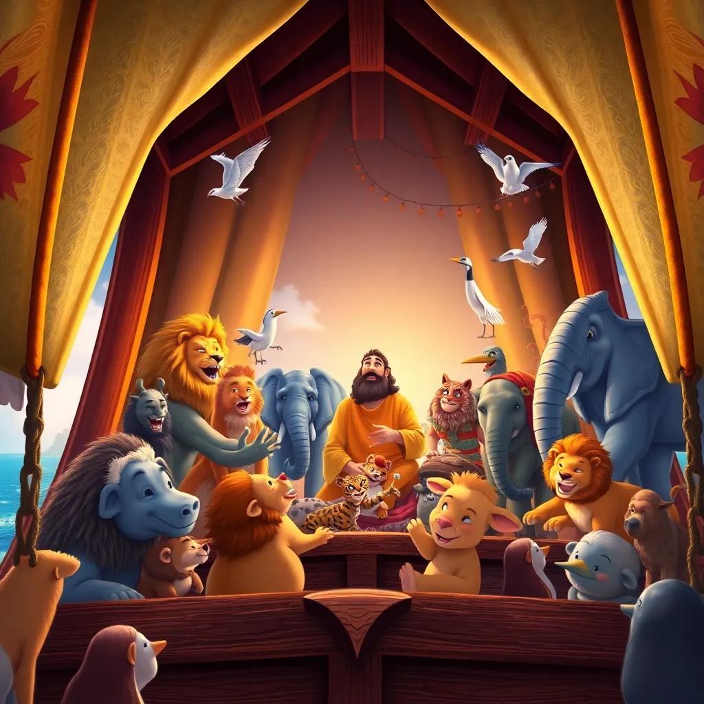 Noah inside the large ship with animals like lions, elephants, and birds around him, showing teamwork and unity, digital painting, vibrant colors, joyful scene, high quality
