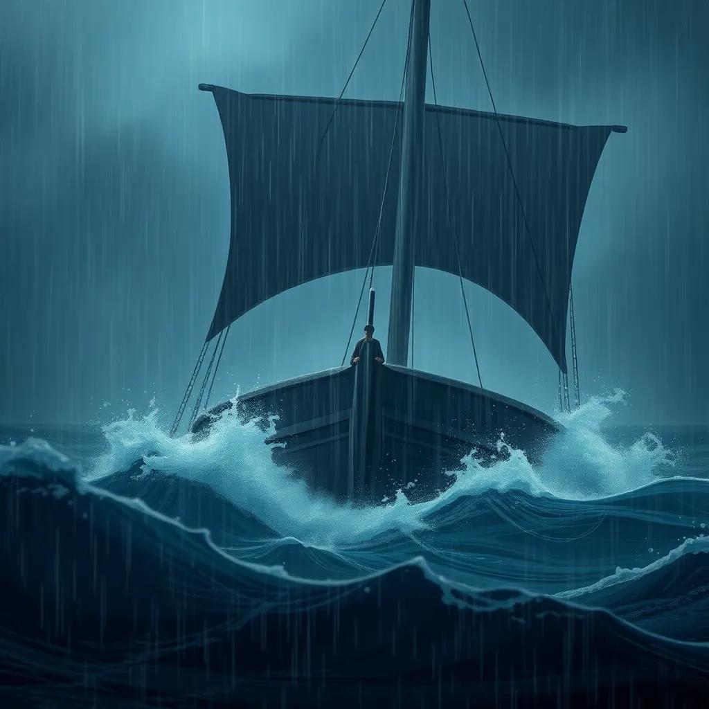 A heavy rainstorm outside the ship, with waves crashing around it, Noah looking calm and assuring, digital art, dark and moody colors, strong contrast, high quality