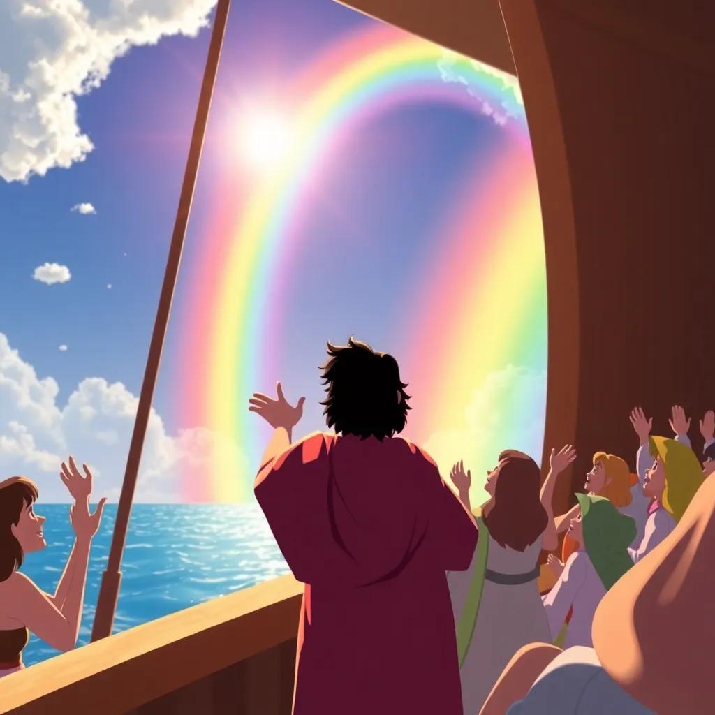 Noah opening the window of the ship and seeing a beautiful rainbow in the sky, with the sun shining, everyone inside cheering, colorful, uplifting scene, high quality