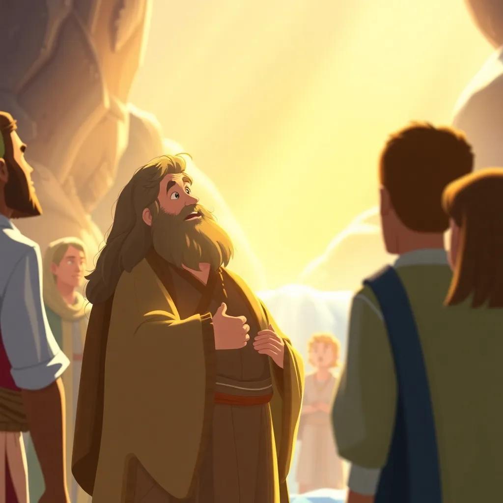 Noah, standing in front of the people after the flood, telling them about faith and patience, with a gentle smile, sunlight glowing around him, inspiring and warm feeling, high quality