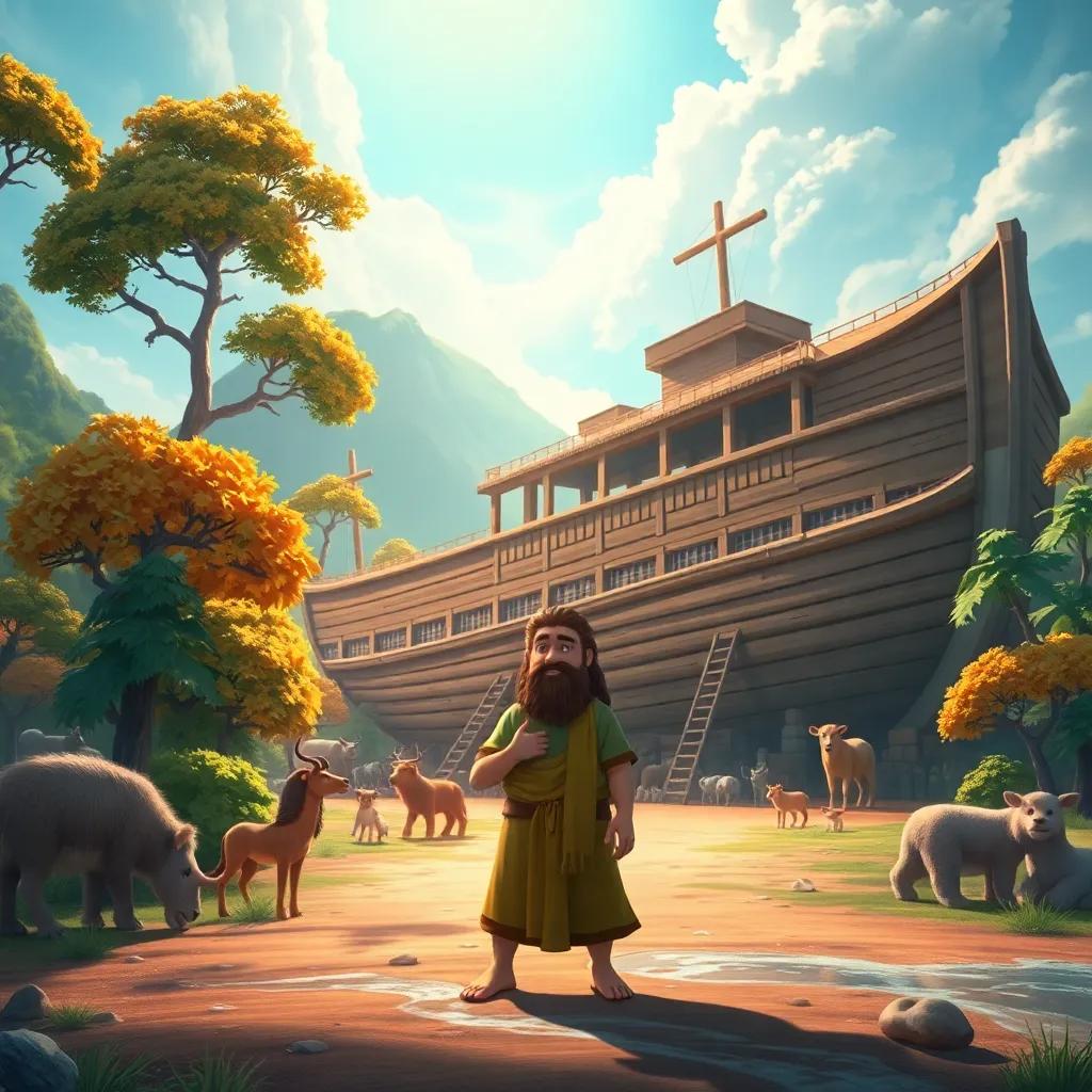 A grand scene depicting Noah, a noble prophet, building an enormous ark surrounded by a landscape of trees and animals, with determination in his eyes, digital art, vibrant colors, hopeful atmosphere, high quality