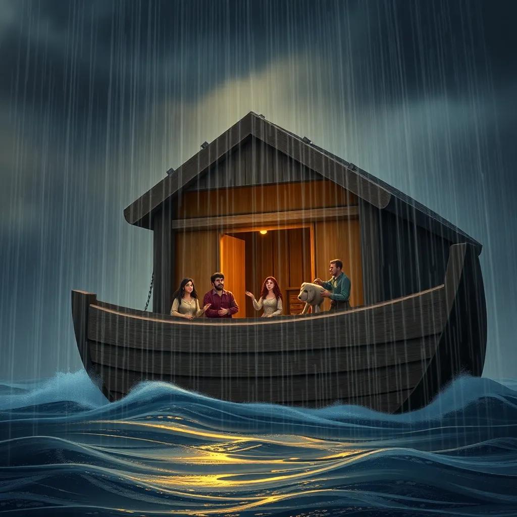 A powerful image of heavy rain pouring down as Noah and his family are inside the ark, with water surrounding the ship and dark clouds overhead, emotional, dramatic, high quality