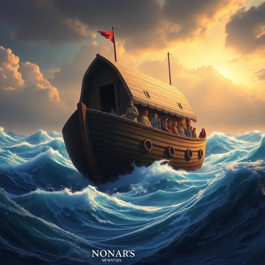 An image showing the ark sailing on tumultuous waves with Noah looking steadfast and strong, surrounded by water, digital painting, vivid colors, intense emotions, high quality