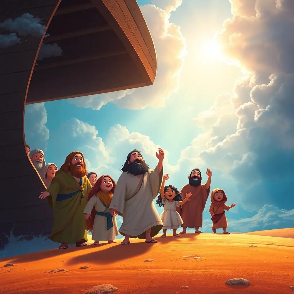A scene of Noah and his family emerging from the ark onto dry land, with sunlight breaking through clouds, joy and gratitude on their faces, bright colors, uplifting, high quality