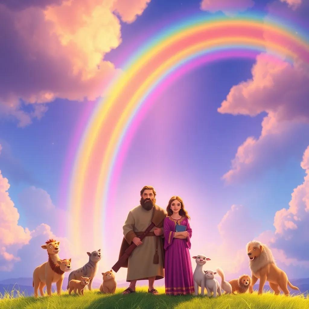 A beautiful image of a rainbow arching across the sky as Noah stands with his family, surrounded by animals, symbolizing peace and promise, colorful, warm light, enchanting, high quality