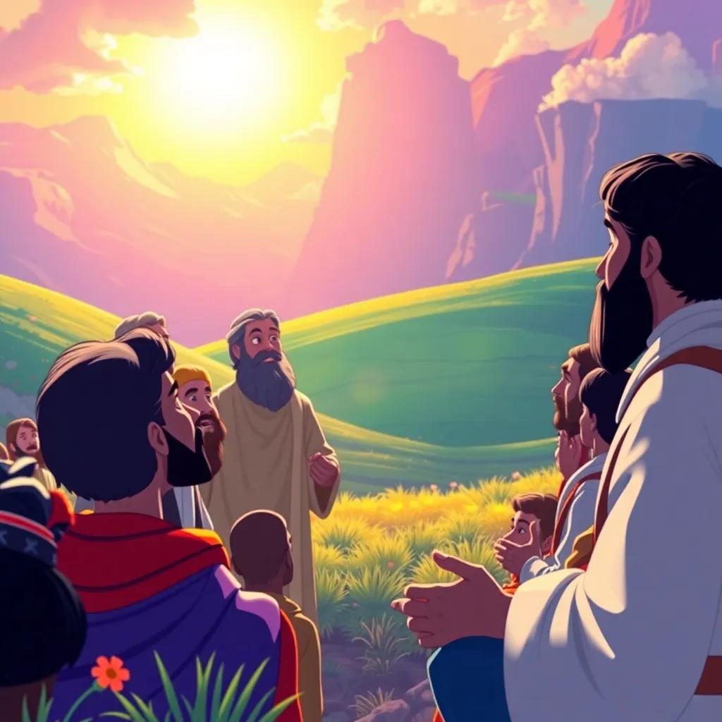 A depiction of several prophets mentioned in the story in a bright, colorful landscape, showing a diverse group of people listening intently, digital art, vibrant colors, hopeful atmosphere, high quality
