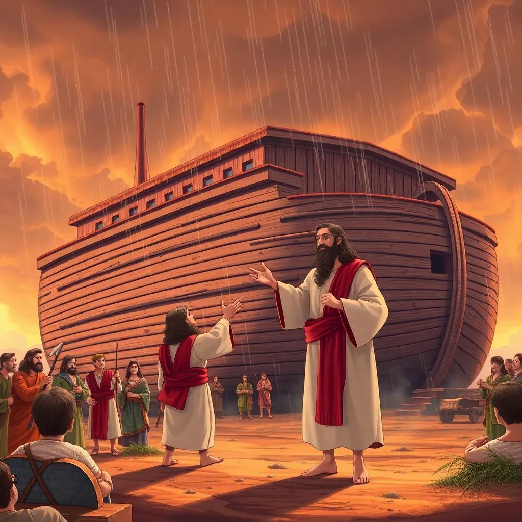 Noah standing beside his large ark, directing people who are building it, with raindrops beginning to fall, detailed illustration, warm colors, dramatic sky, high quality