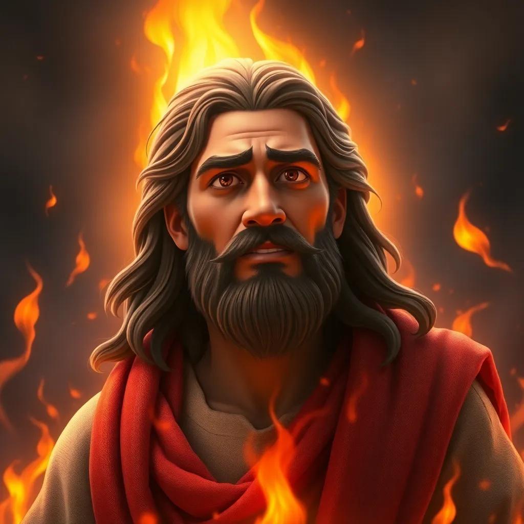 Abraham, surrounded by flames, looking calm and determined, with a divine light shining over him, realistic style, powerful image, high quality
