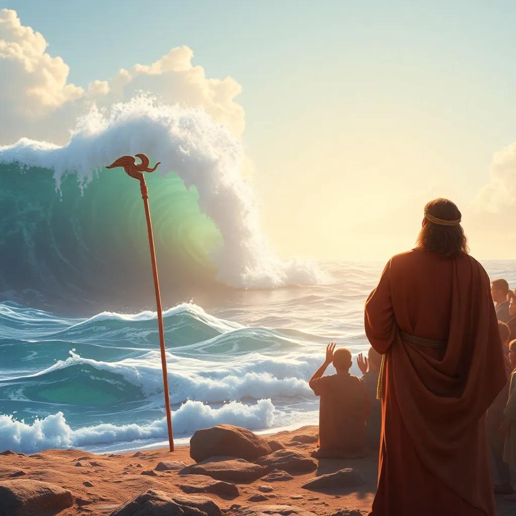 Moses with a staff, standing at the shoreline of the Red Sea, as the waters part, his people looking amazed, dynamic view, great detail, bright colors, high quality