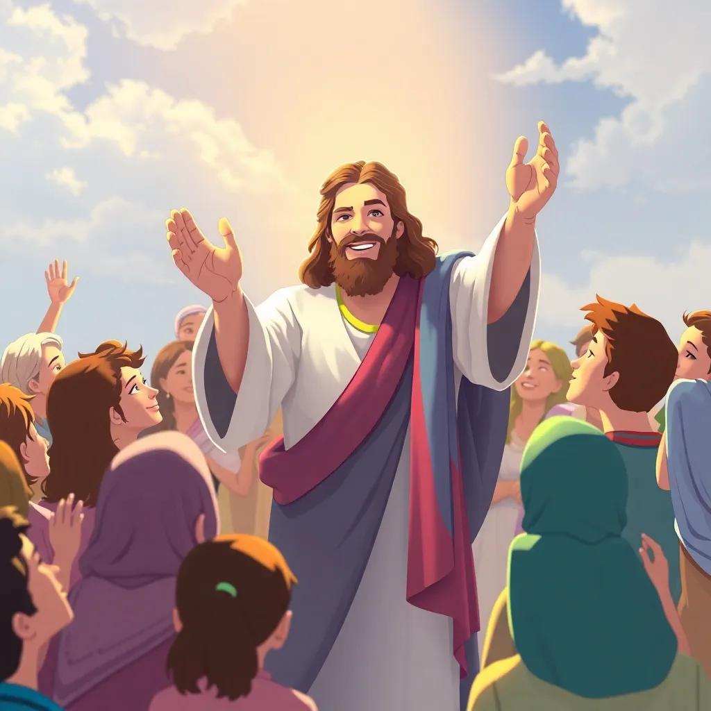 Jesus healing the sick, with a crowd of people around him looking hopeful and thankful, peaceful scene, uplifting, bright colors, high quality