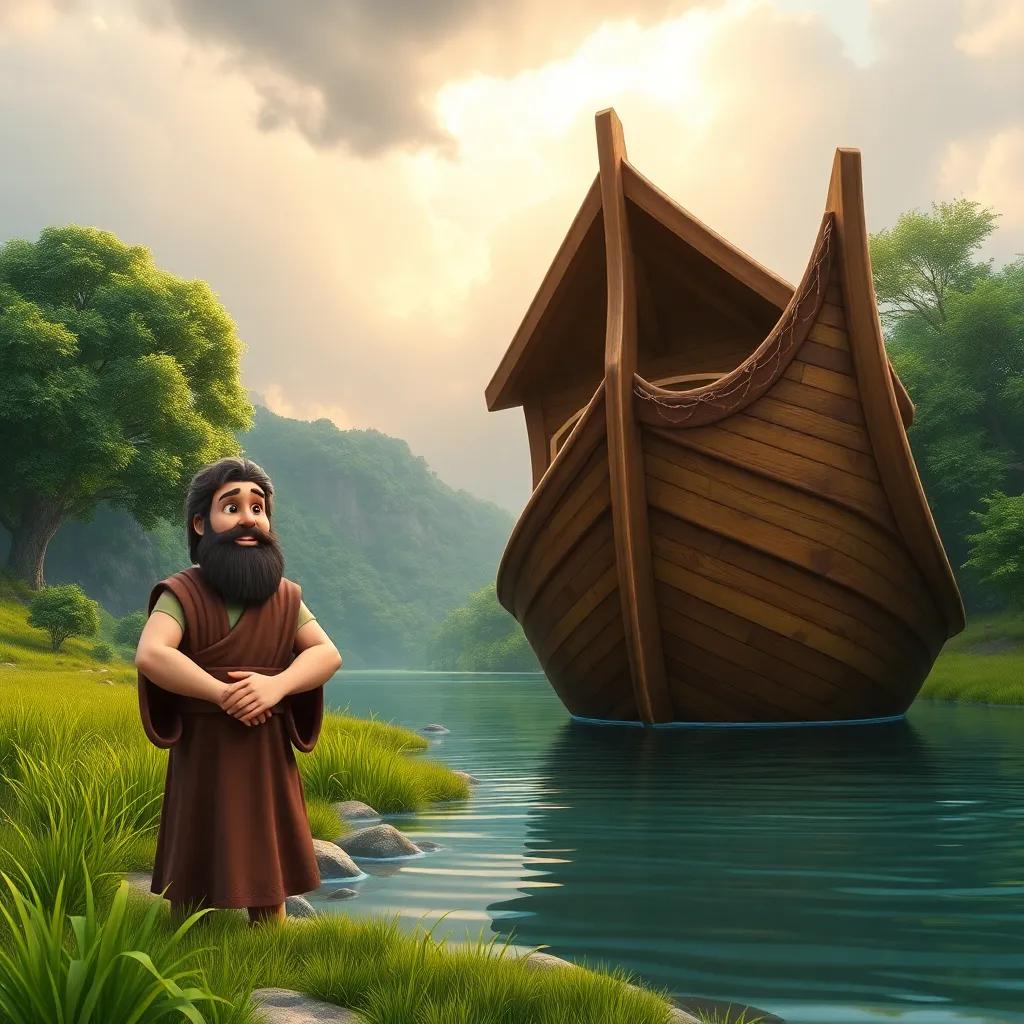 A serene landscape with a big wooden boat, Noah standing beside it with a confident smile, surrounded by lush greenery and darkening clouds, digital art, vibrant colors, hopeful atmosphere, high quality