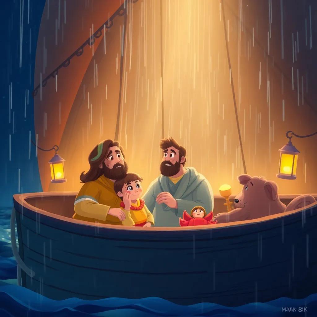 Noah inside the big boat with his family, looking out at the pouring rain, warm light coming from the lanterns inside, child-friendly illustration, cozy and inviting, storytelling angle, high quality