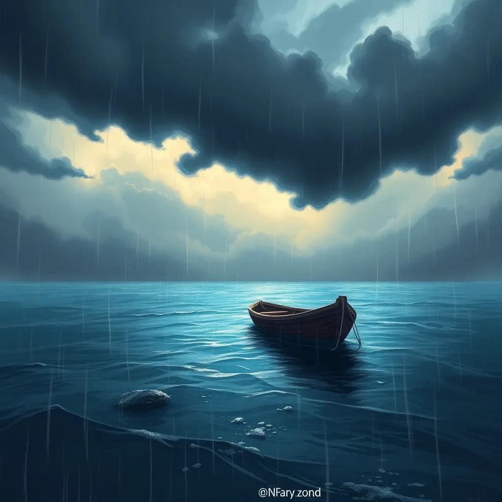 The boat floating on a sea covered with rain, as dark clouds swirl above, showing a sense of challenge yet hope, dramatic digital painting, contrasting colors, high quality