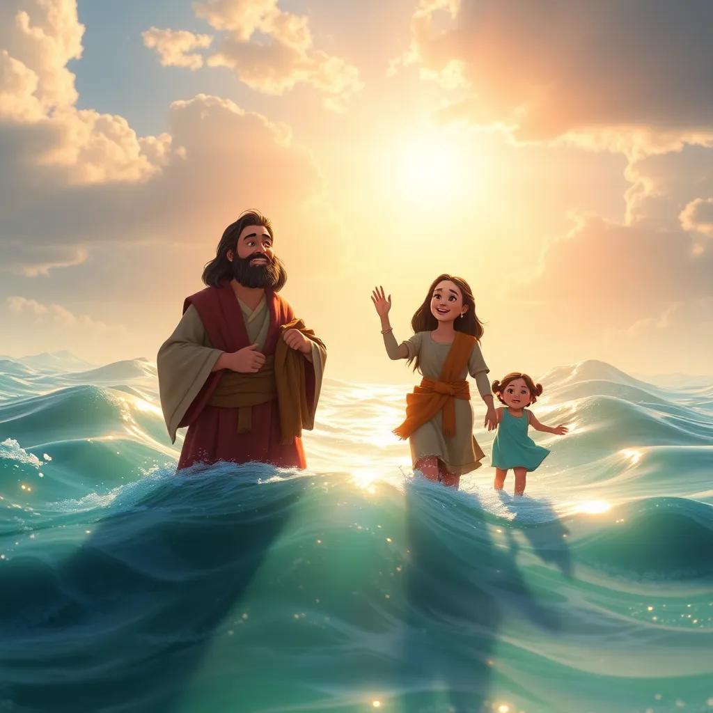 The scenery of the water receding, revealing beautiful land, Noah and his family stepping out into the sunlight, joyful emotion displayed on their faces, bright lighting, warm colors, uplifting imagery