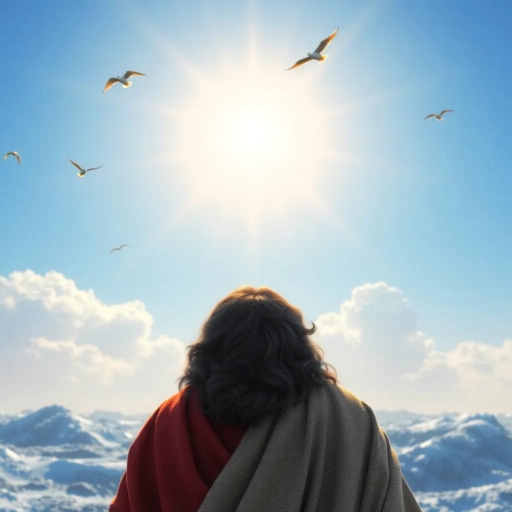 Noah, a hopeful prophet, looking up at the clear blue sky and the shining sun after the storm, with birds flying above as a symbol of peace, inspirational art, bright colors, high quality
