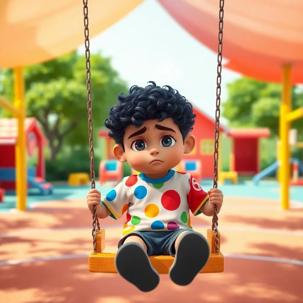 A young Arab boy, Emad, with curly black hair wearing a colorful t-shirt and shorts, sitting on a swing looking sad in a bright kindergarten playground, digital art, cheerful atmosphere, bright colors, engaging perspective, high quality